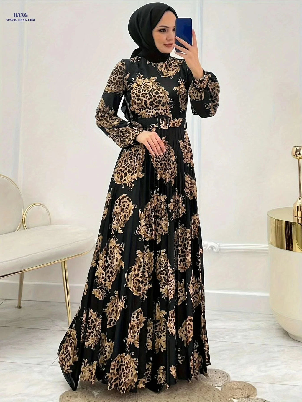 Elegant Leopard Print Maxi Abaya Dress - Long Sleeve, Crew Neck   OAXG 