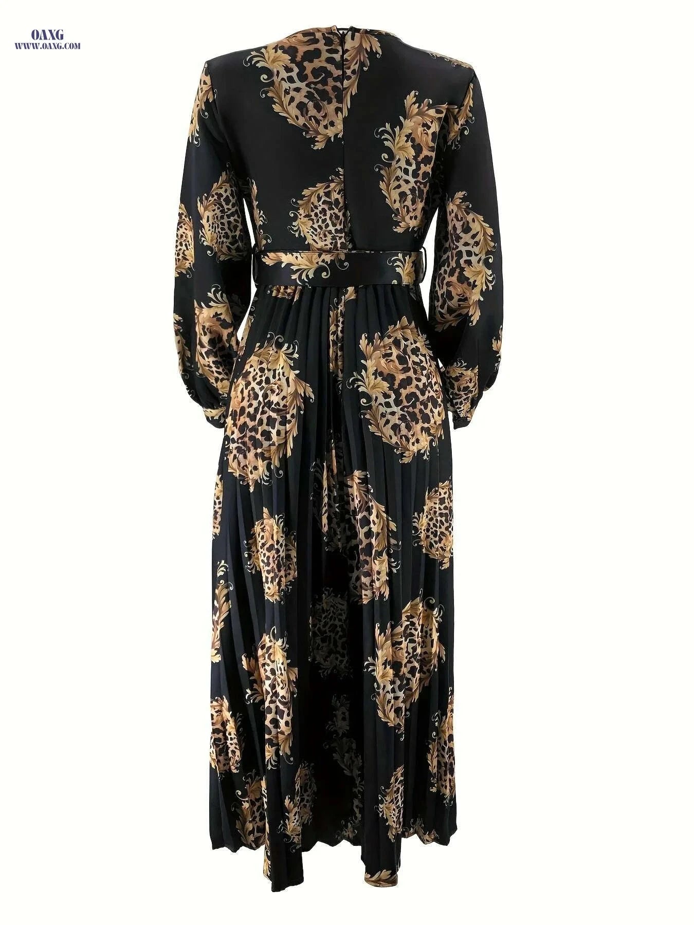 Elegant Leopard Print Maxi Abaya Dress - Long Sleeve, Crew Neck   OAXG 