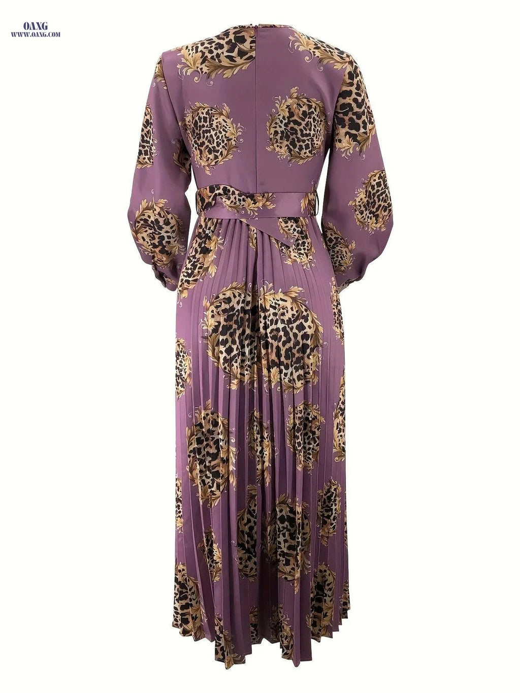 Elegant Leopard Print Maxi Abaya Dress - Long Sleeve, Crew Neck   OAXG 