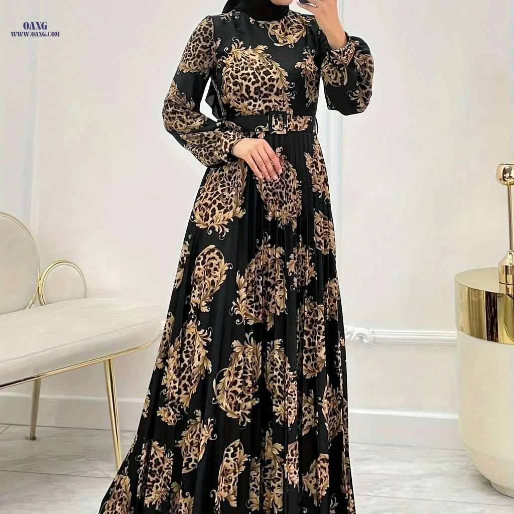 Elegant Leopard Print Maxi Abaya Dress - Long Sleeve, Crew Neck   OAXG Black / S