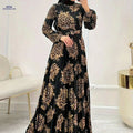 Elegant Leopard Print Maxi Abaya Dress - Long Sleeve, Crew Neck   OAXG Black / S