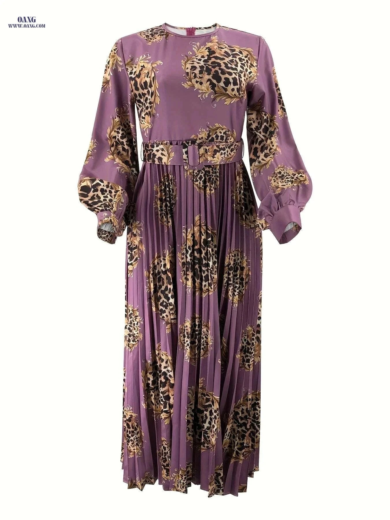 Elegant Leopard Print Maxi Abaya Dress - Long Sleeve, Crew Neck   OAXG Black / S