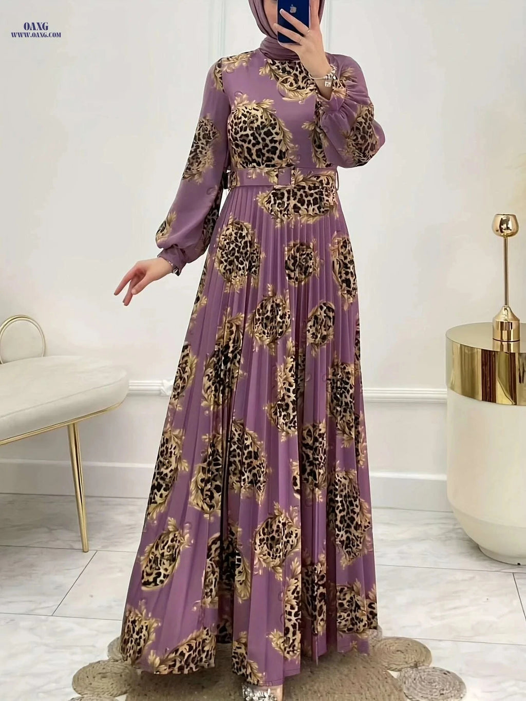 Elegant Leopard Print Maxi Abaya Dress - Long Sleeve, Crew Neck   OAXG Black / S