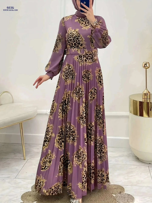 Elegant Leopard Print Maxi Abaya Dress - Long Sleeve, Crew Neck   OAXG Black / S