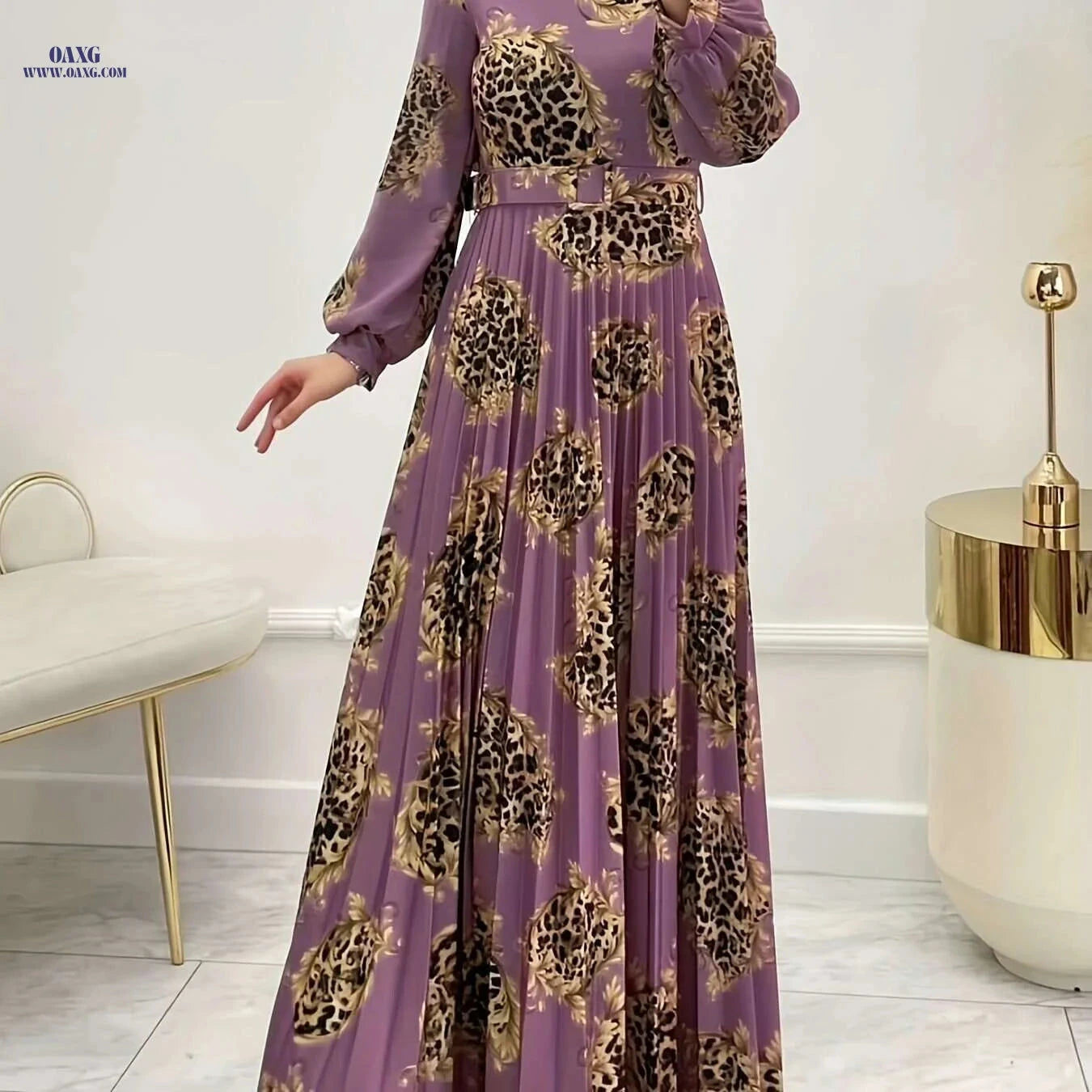 Elegant Leopard Print Maxi Abaya Dress - Long Sleeve, Crew Neck   OAXG 