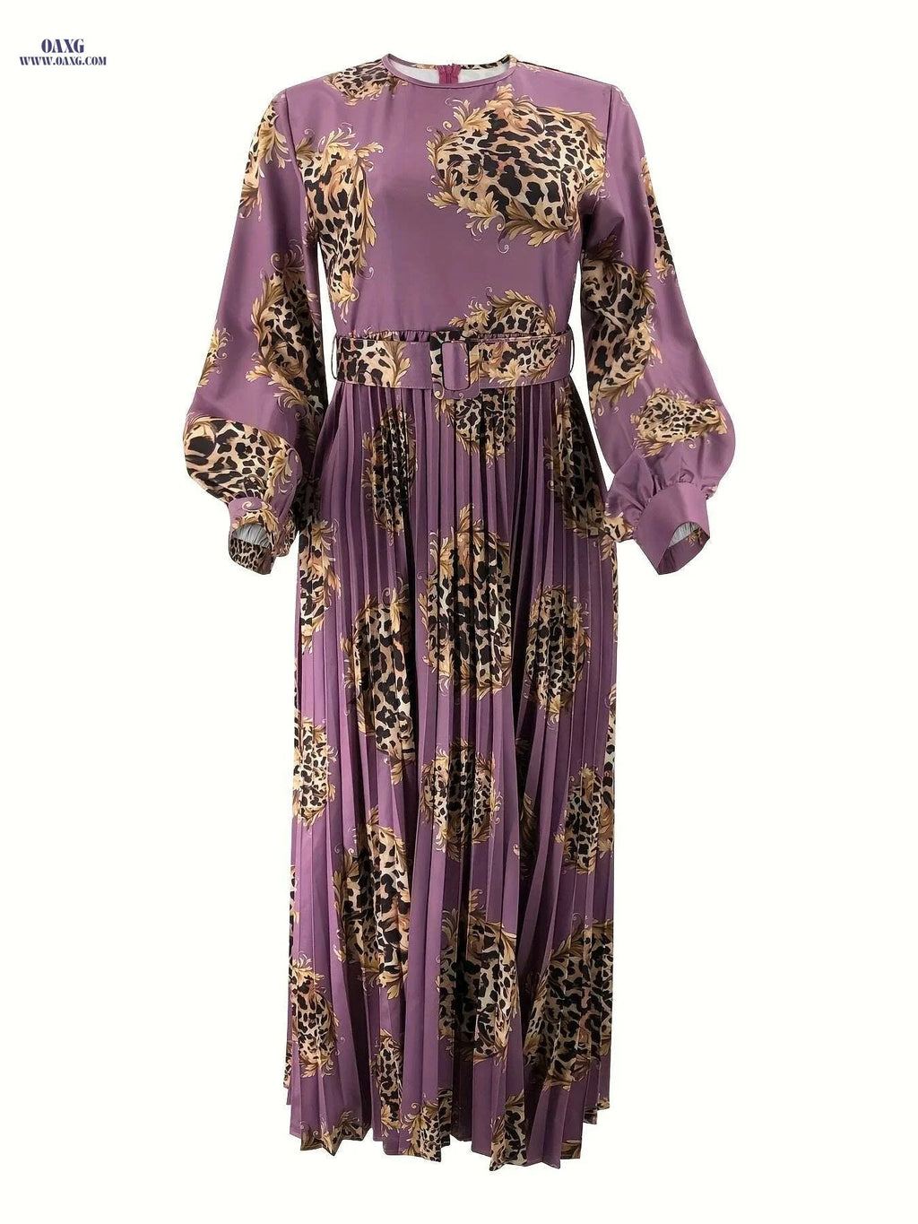Elegant Leopard Print Maxi Abaya Dress - Long Sleeve, Crew Neck   OAXG 