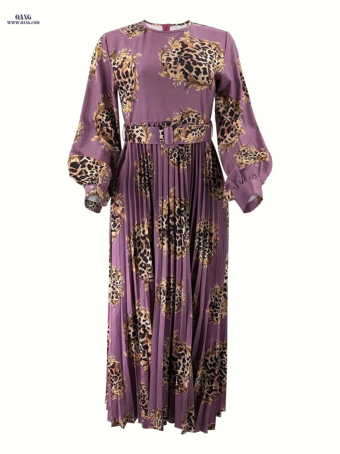 Elegant Leopard Print Maxi Abaya Dress - Long Sleeve, Crew Neck   OAXG 