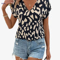Elegant Leopard Print Summer Shirt - V-Neck Short Sleeve Top   OAXG 