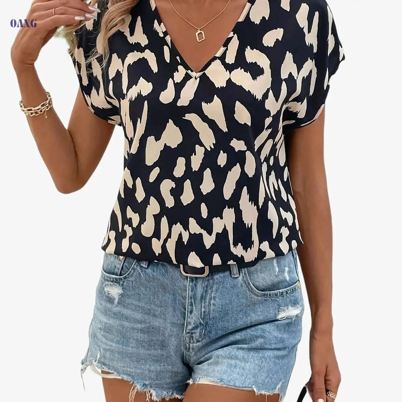 Elegant Leopard Print Summer Shirt - V-Neck Short Sleeve Top   OAXG 