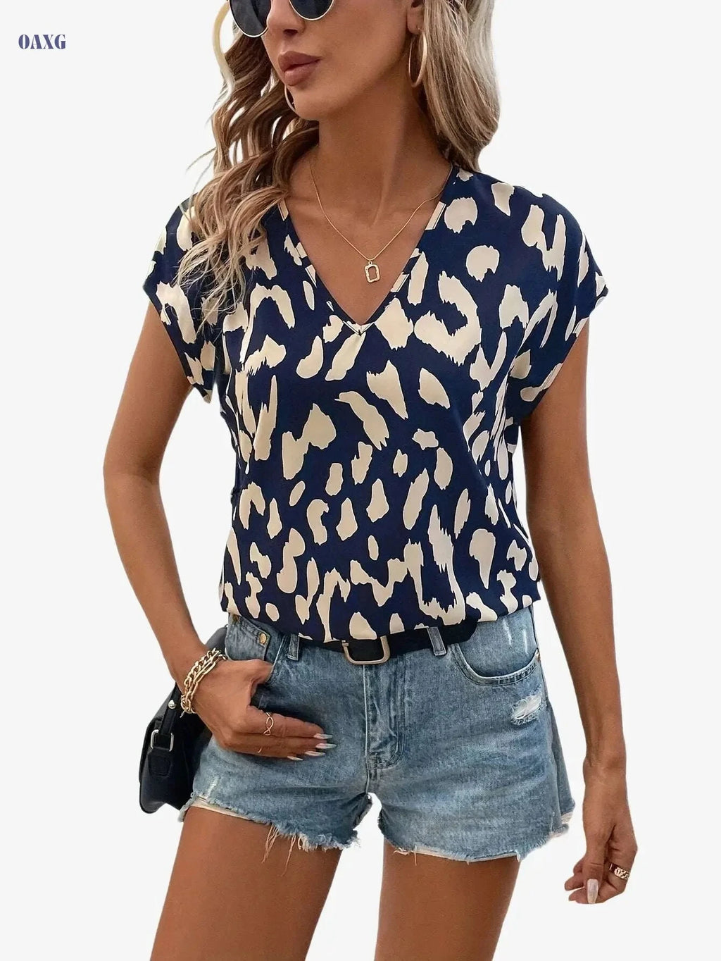 Elegant Leopard Print Summer Shirt - V-Neck Short Sleeve Top   OAXG Black / S