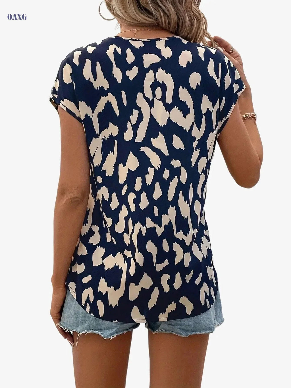 Elegant Leopard Print Summer Shirt - V-Neck Short Sleeve Top   OAXG Black / S