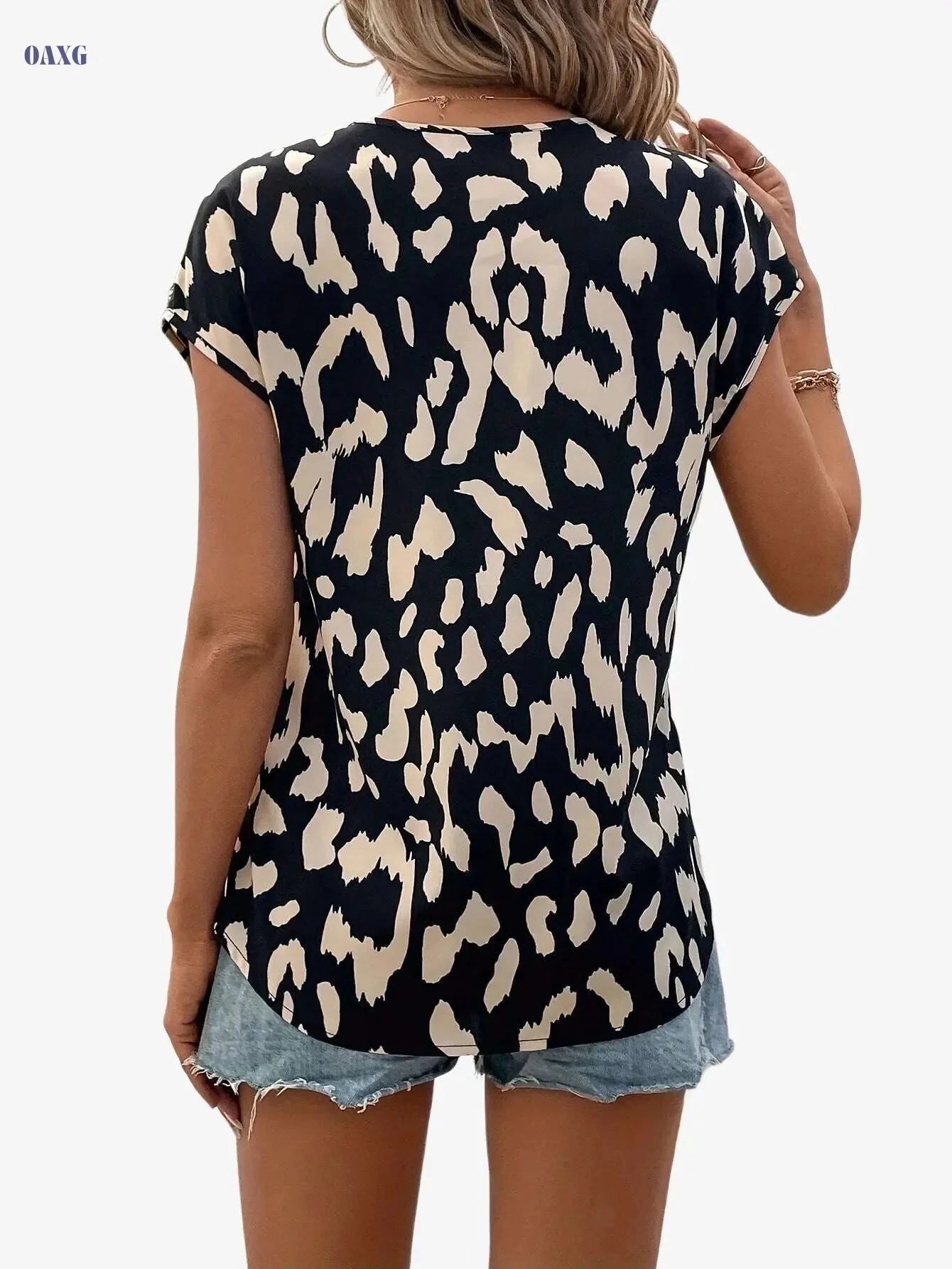 Elegant Leopard Print Summer Shirt - V-Neck Short Sleeve Top   OAXG Black / S