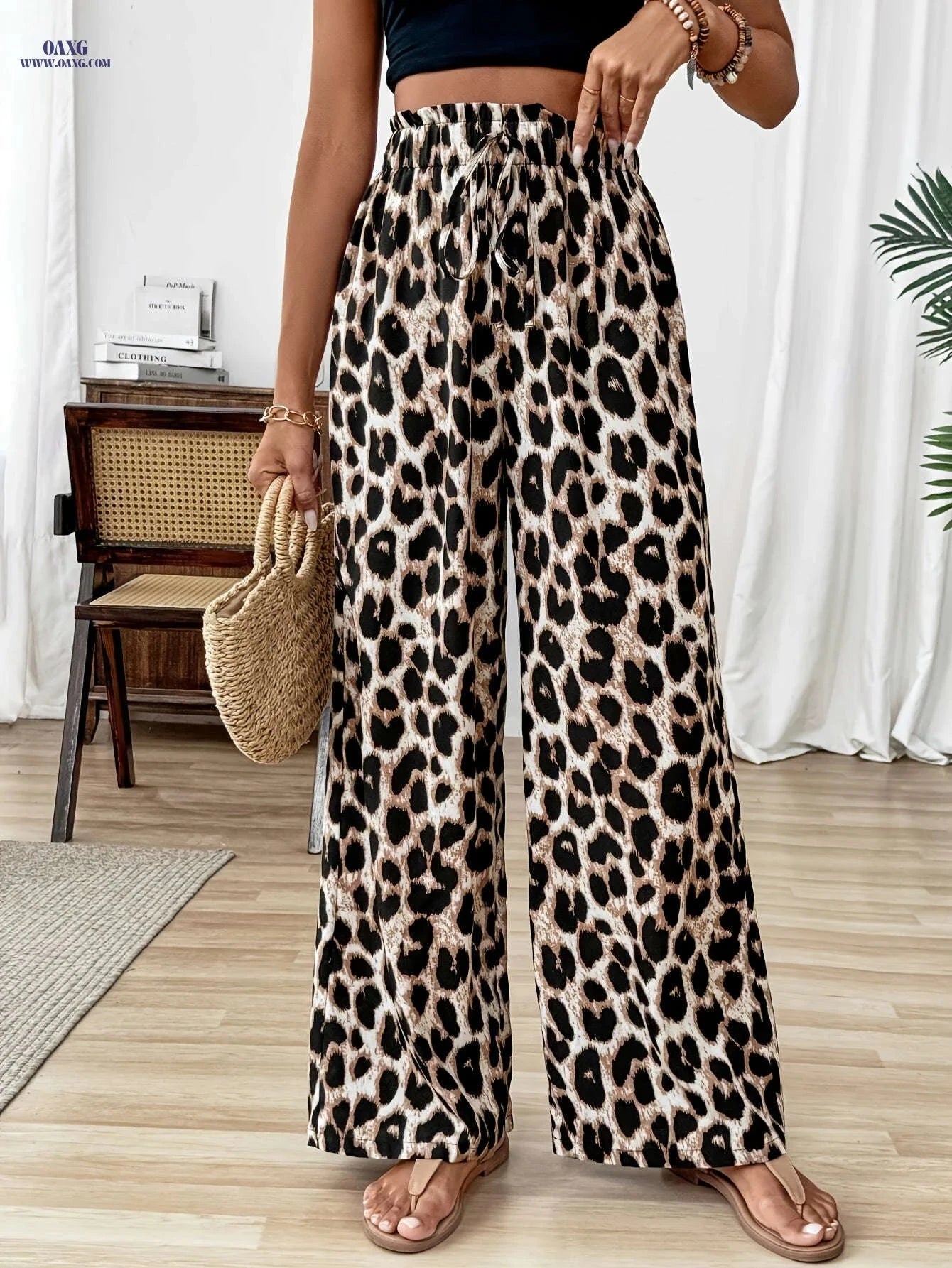 Elegant Leopard Print Wide-Leg Pants for Women - Spring/Summer Style   OAXG 