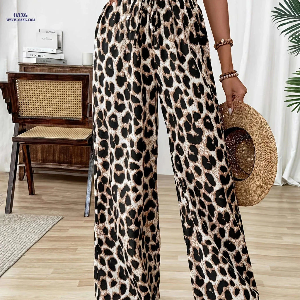 Elegant Leopard Print Wide-Leg Pants for Women - Spring/Summer Style   OAXG 