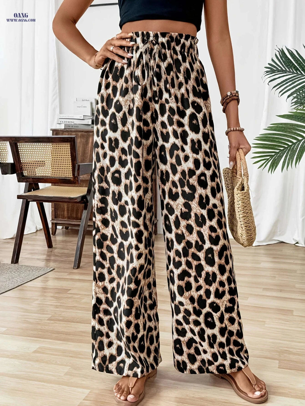 Elegant Leopard Print Wide-Leg Pants for Women - Spring/Summer Style   OAXG 【Multicolor】 / S