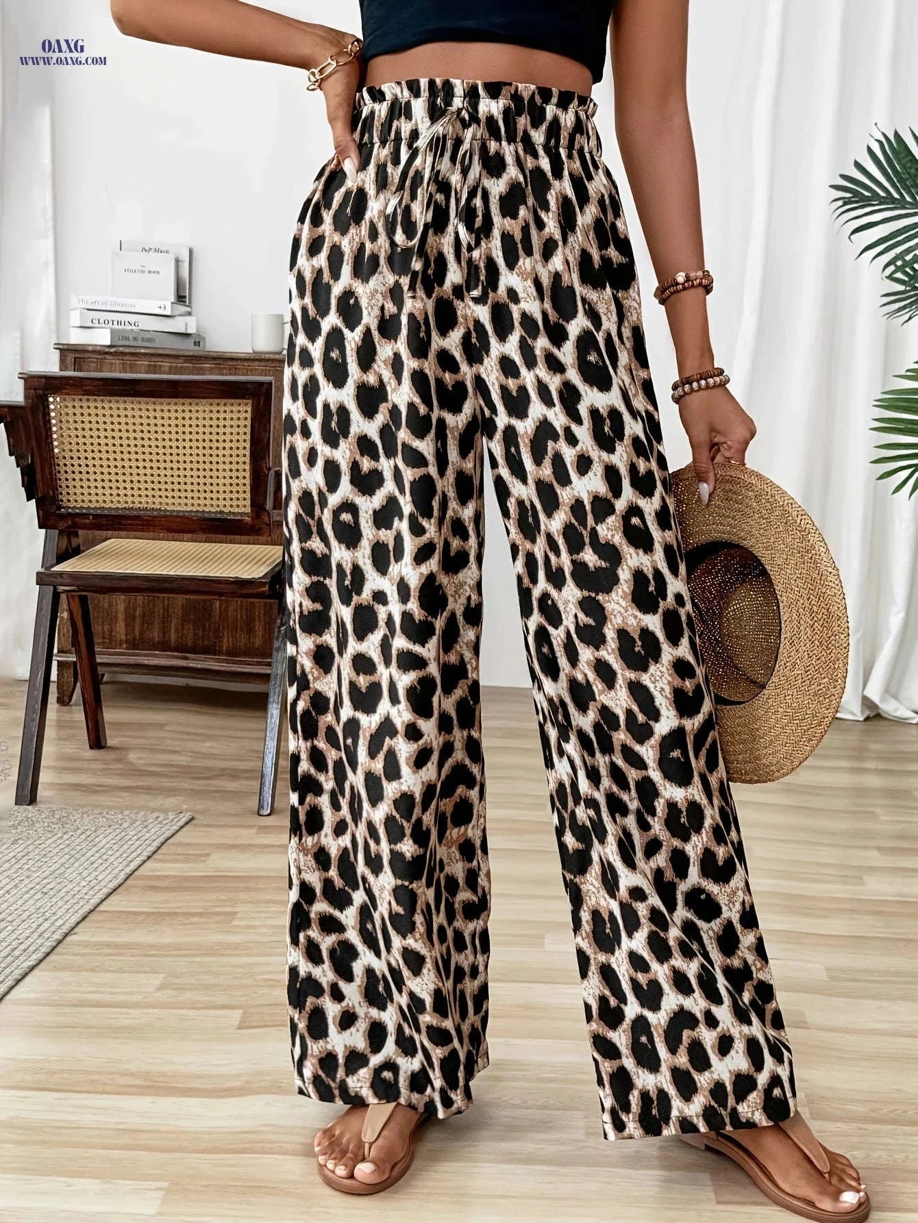 Elegant Leopard Print Wide-Leg Pants for Women - Spring/Summer Style   OAXG 【Multicolor】 / S