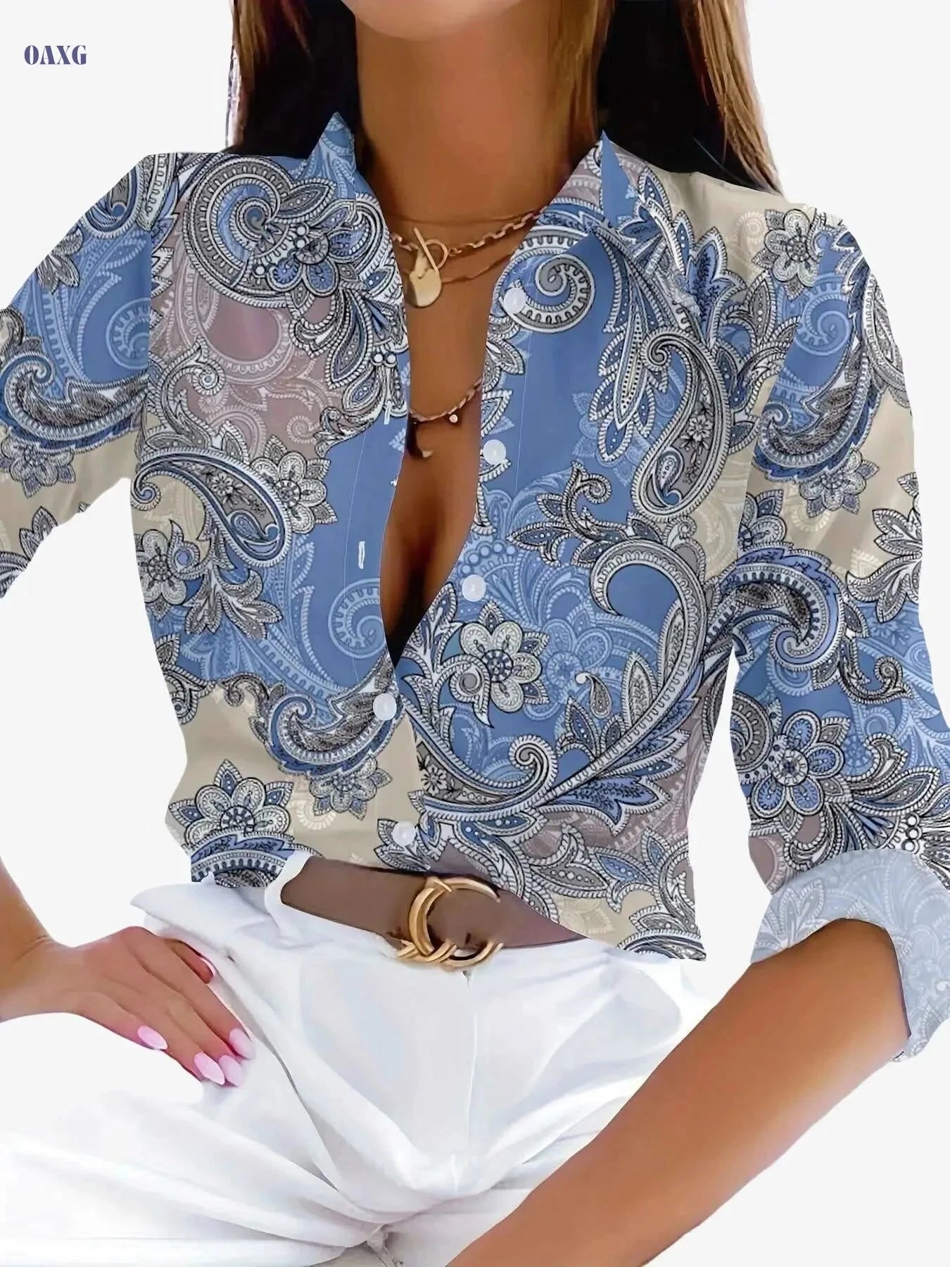 Elegant Lightweight Paisley Blouse for Women - Chic Long Sleeve Top   OAXG Mixed Color / S