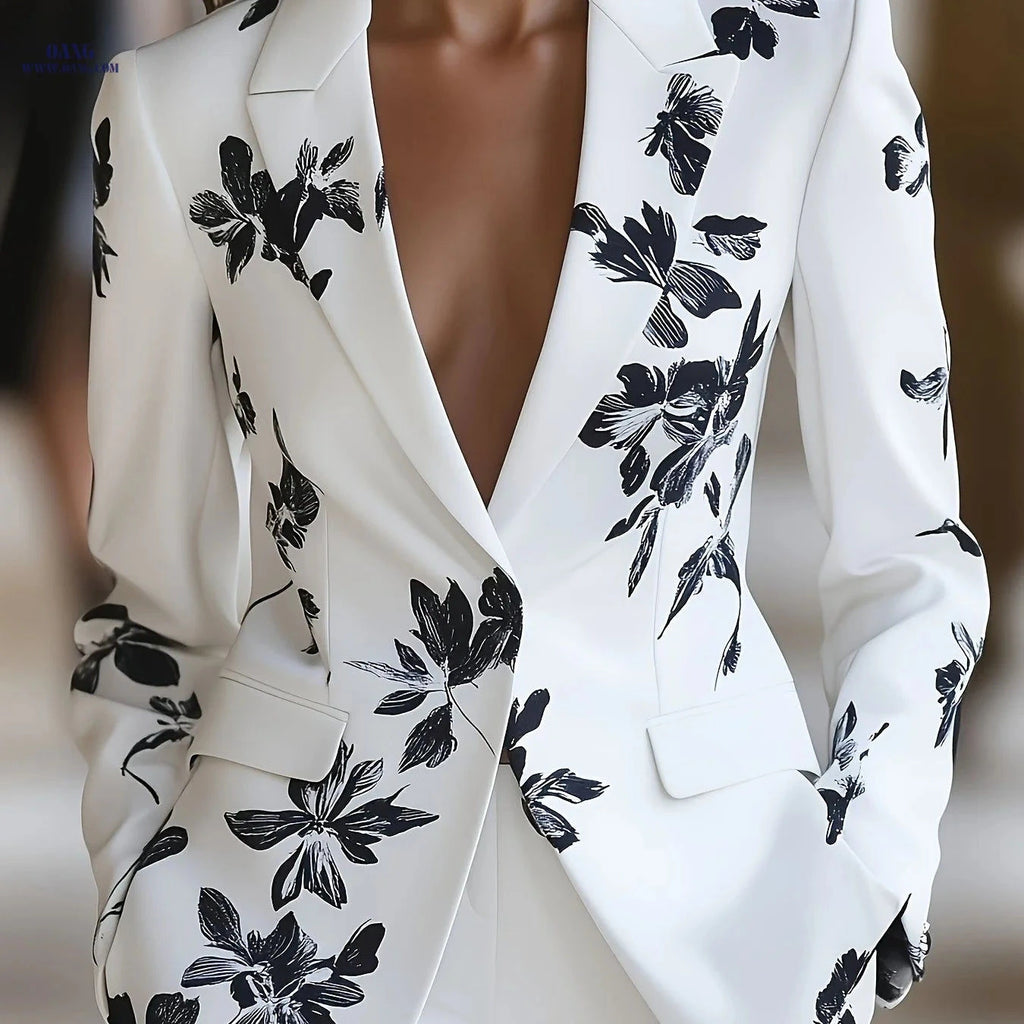 Elegant Lightweight Women's Blazer - Floral Pattern, Long Sleeve   OAXG Black And White Color / S