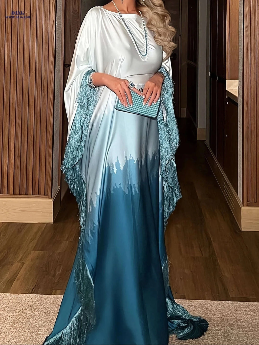 Elegant Long Batwing Sleeve Arab Dress - Ombre Gradient & Tassel Details   OAXG Red / One-size