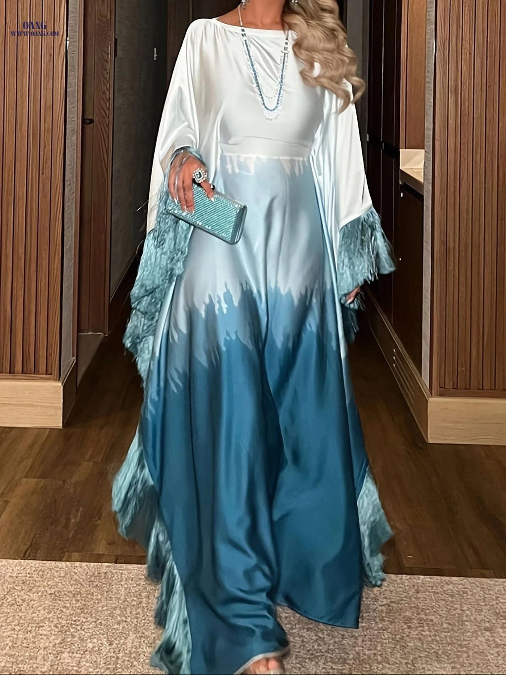 Elegant Long Batwing Sleeve Arab Dress - Ombre Gradient & Tassel Details   OAXG Red / One-size