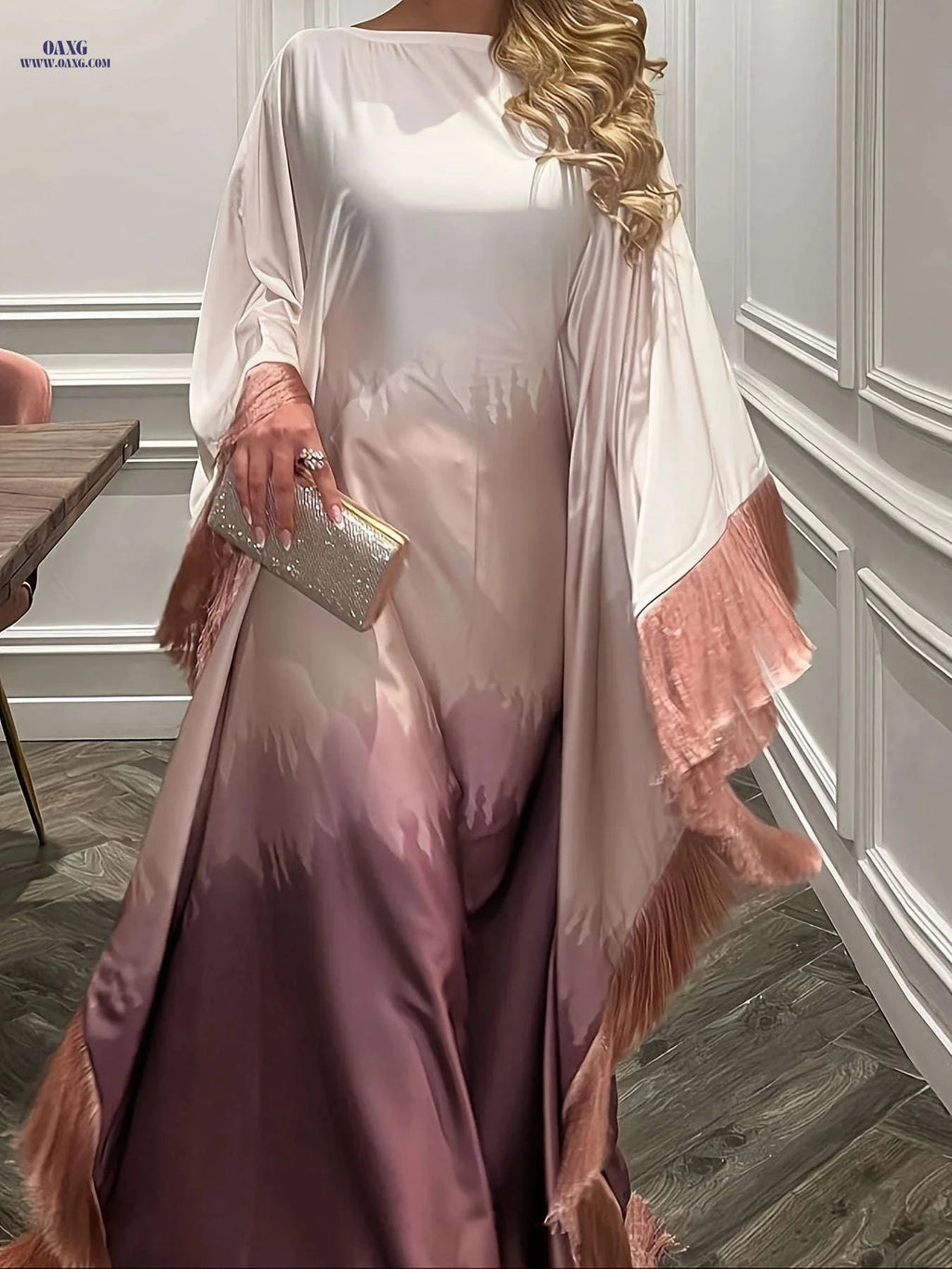 Elegant Long Batwing Sleeve Arab Dress - Ombre Gradient & Tassel Details   OAXG Red / One-size