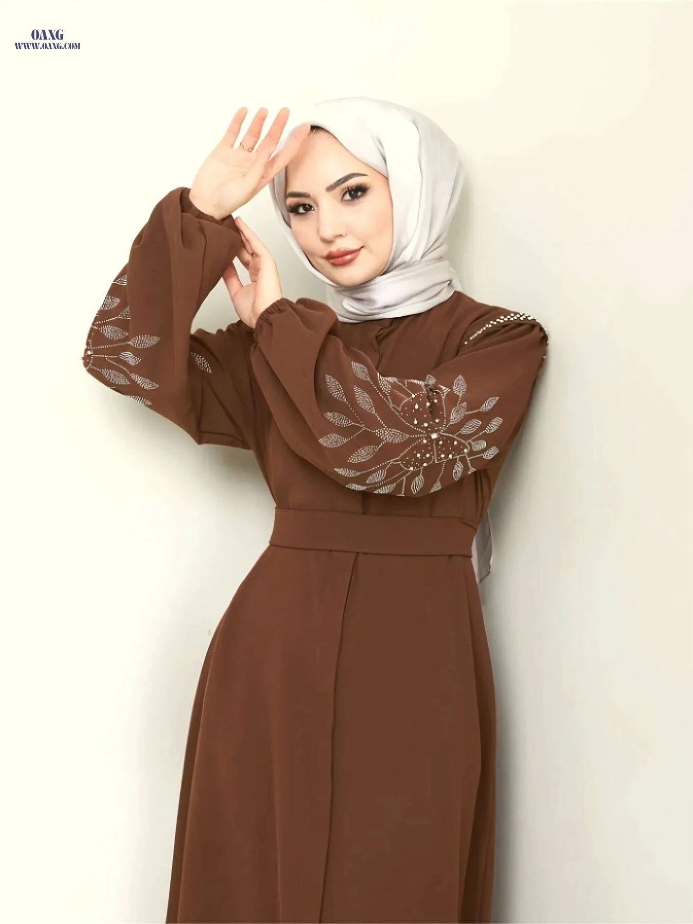 Elegant Long Black Abaya Dress - Rhinestone & Pearl Embellished   OAXG Black / S