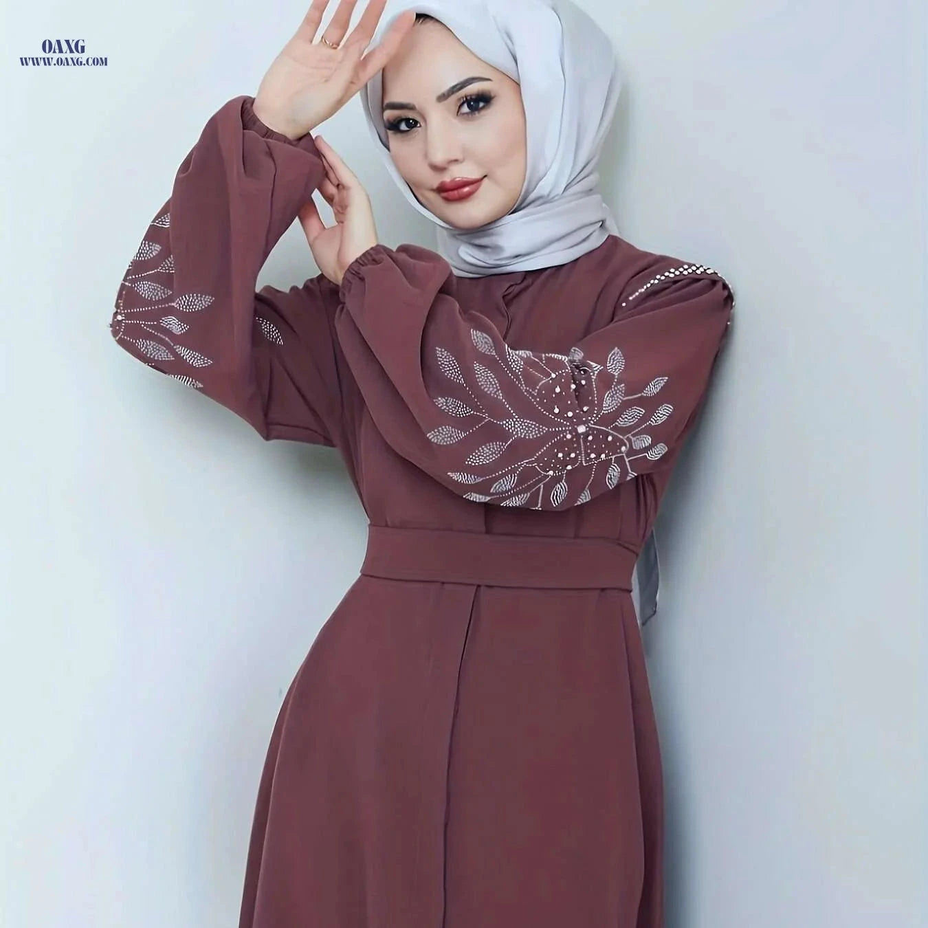 Elegant Long Black Abaya Dress - Rhinestone & Pearl Embellished   OAXG Black / S