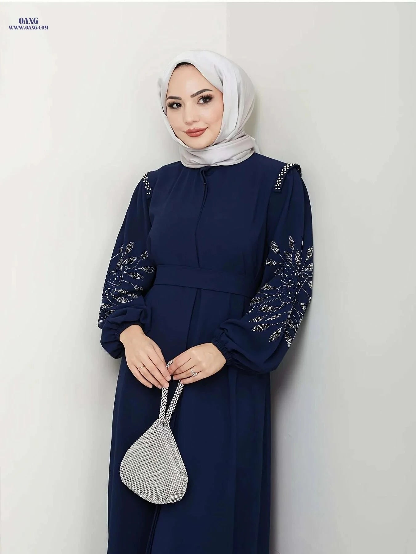 Elegant Long Black Abaya Dress - Rhinestone & Pearl Embellished   OAXG Black / S