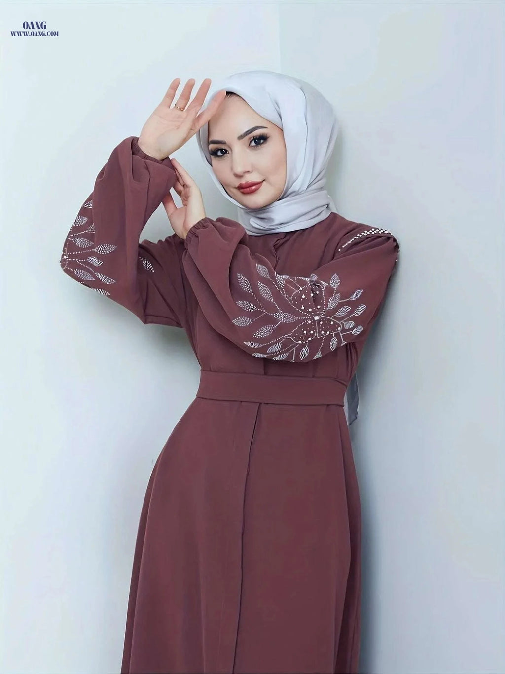 Elegant Long Black Abaya Dress - Rhinestone & Pearl Embellished   OAXG Black / S