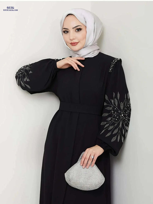 Elegant Long Black Abaya Dress - Rhinestone & Pearl Embellished   OAXG 