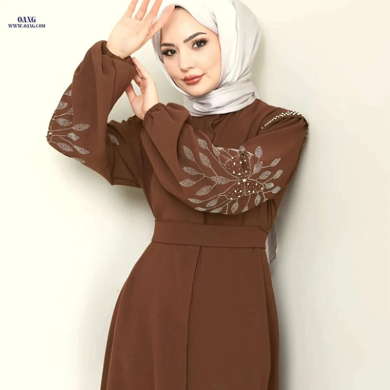 Elegant Long Black Abaya Dress - Rhinestone & Pearl Embellished   OAXG 