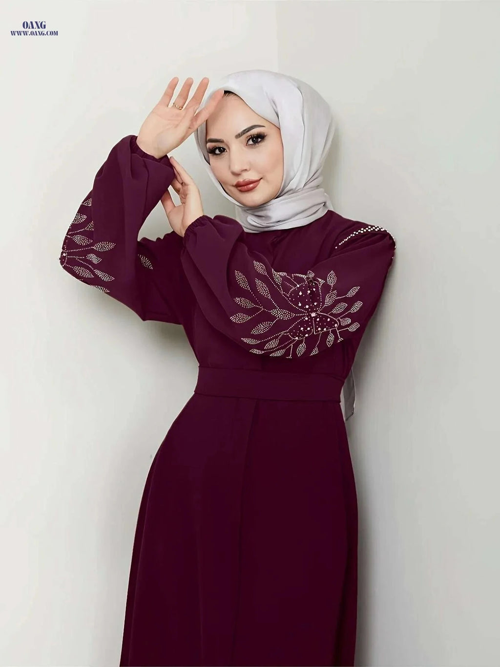 Elegant Long Black Abaya Dress - Rhinestone & Pearl Embellished   OAXG 