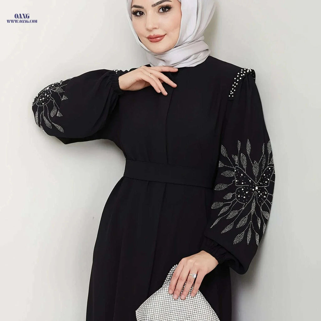 Elegant Long Black Abaya Dress - Rhinestone & Pearl Embellished   OAXG 