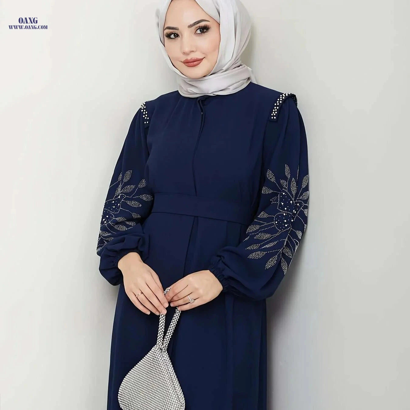 Elegant Long Black Abaya Dress - Rhinestone & Pearl Embellished   OAXG 