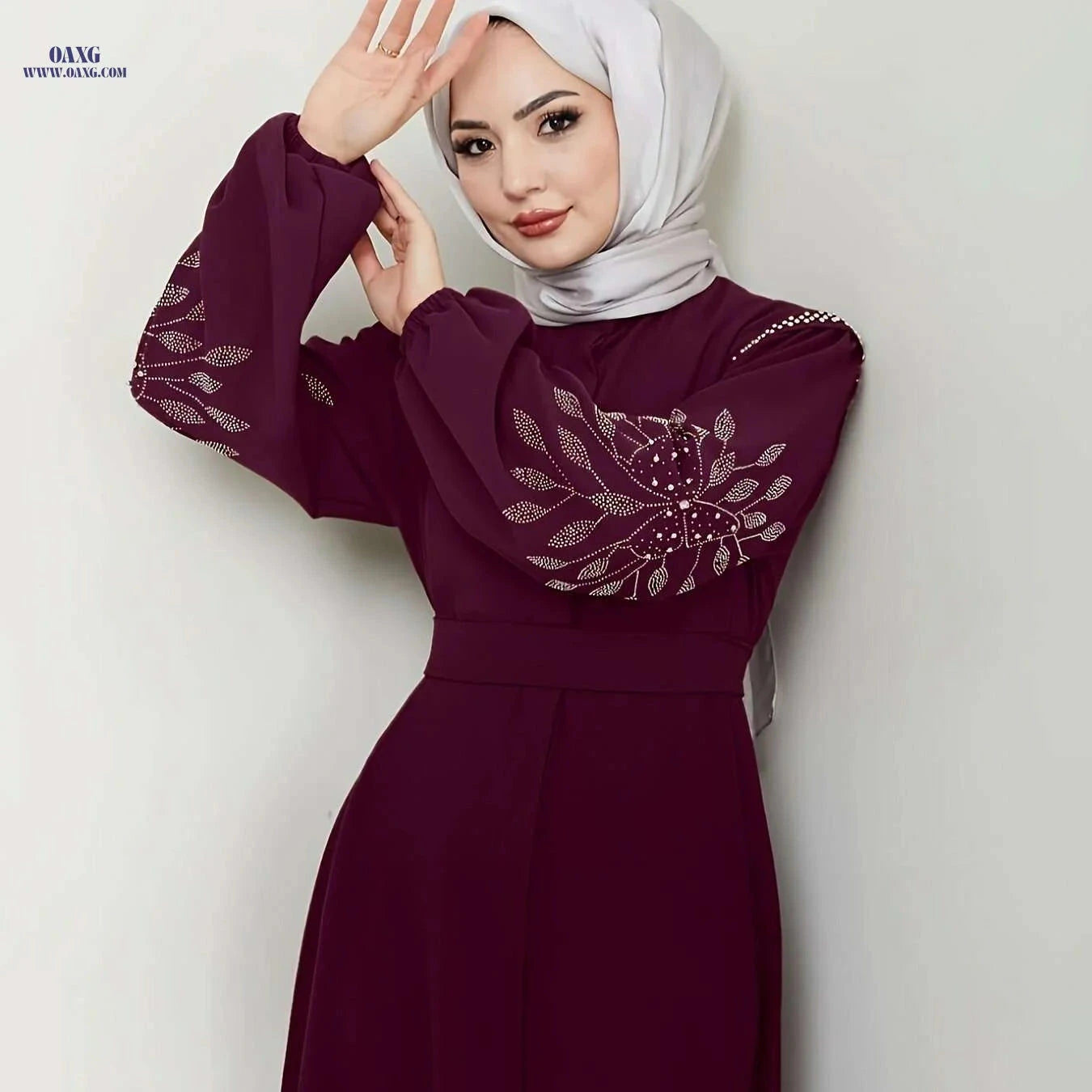 Elegant Long Black Abaya Dress - Rhinestone & Pearl Embellished   OAXG 
