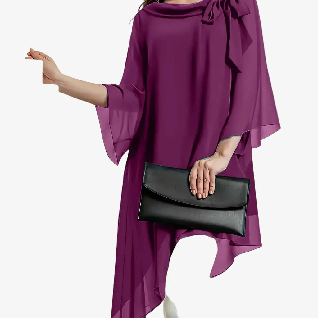 Elegant Long Blouse for Women - Double-Layer Chiffon, Cinched Waist   OAXG 