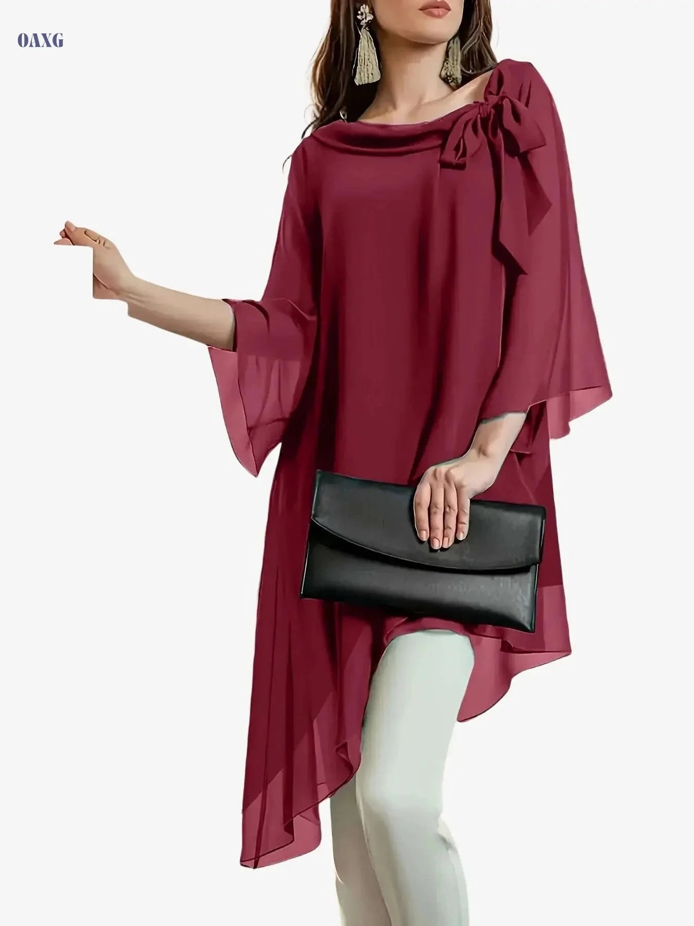 Elegant Long Blouse for Women - Double-Layer Chiffon, Cinched Waist   OAXG 