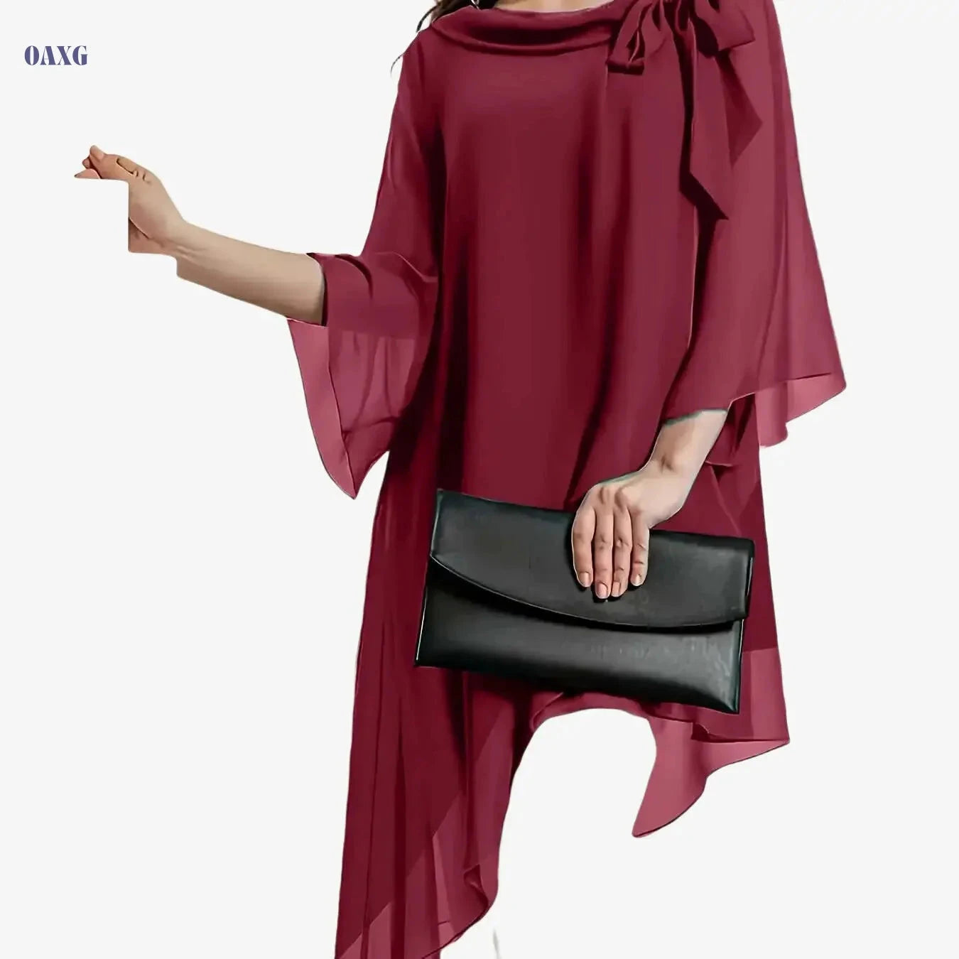 Elegant Long Blouse for Women - Double-Layer Chiffon, Cinched Waist   OAXG 