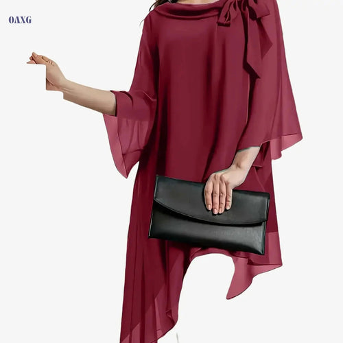 Elegant Long Blouse for Women - Double-Layer Chiffon, Cinched Waist   OAXG 