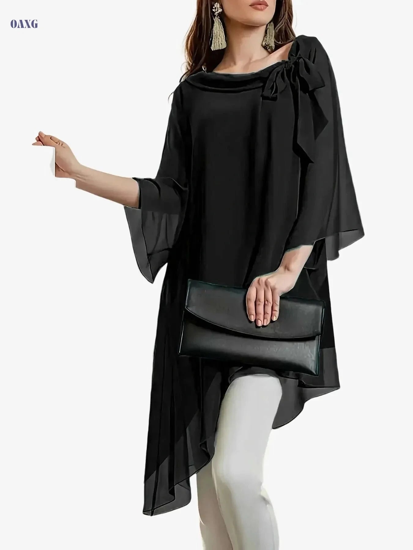 Elegant Long Blouse for Women - Double-Layer Chiffon, Cinched Waist   OAXG 
