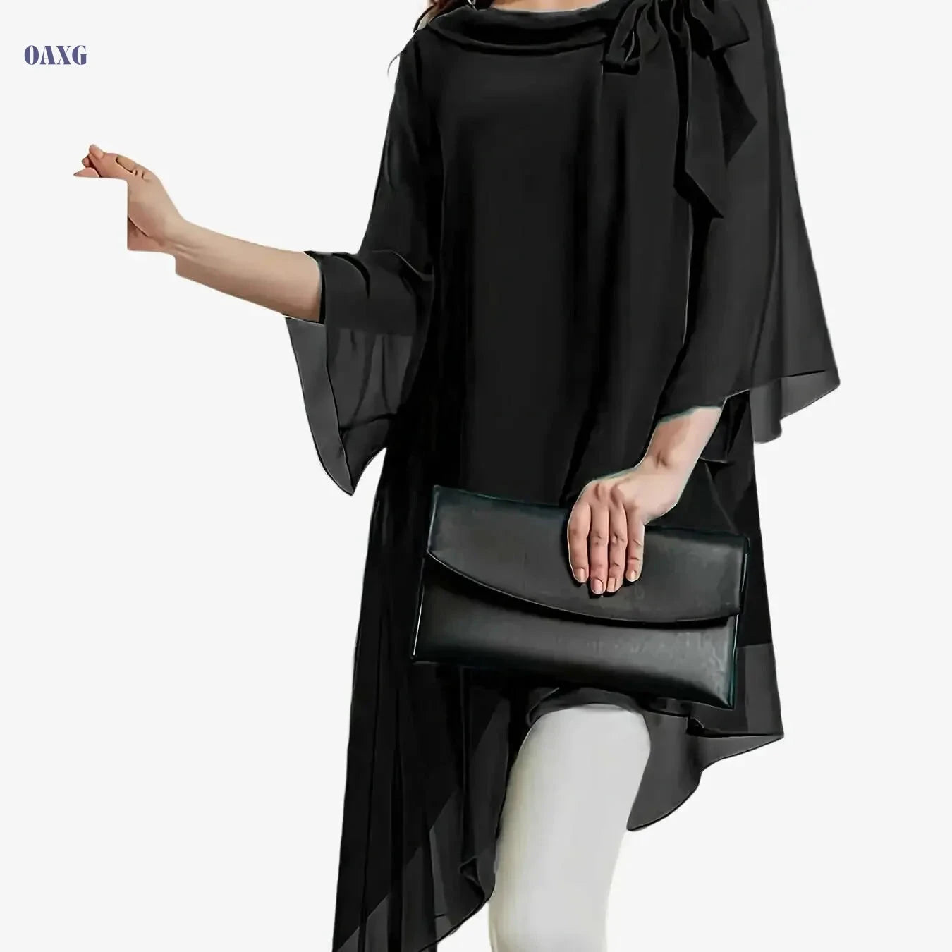 Elegant Long Blouse for Women - Double-Layer Chiffon, Cinched Waist   OAXG 