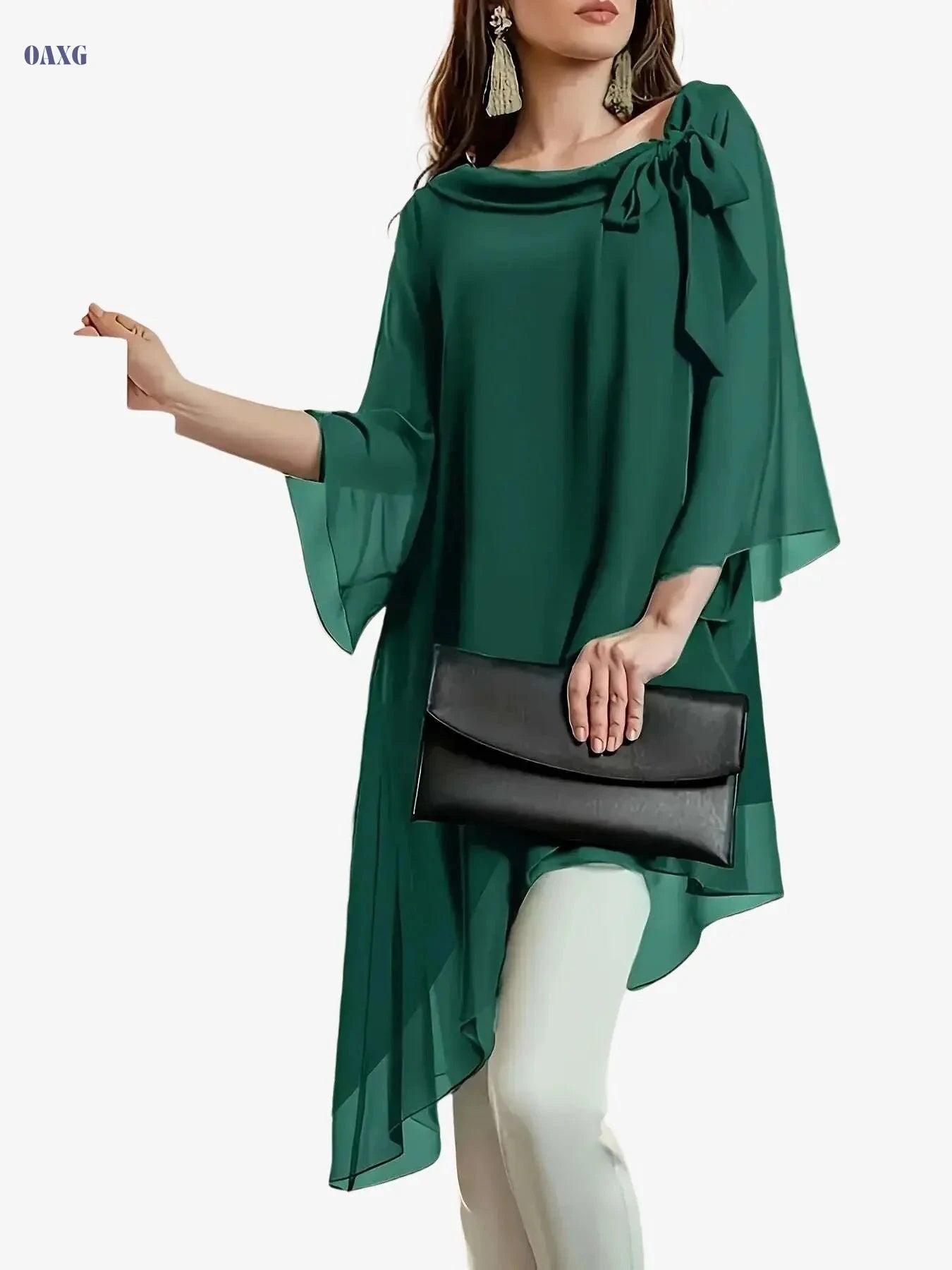 Elegant Long Blouse for Women - Double-Layer Chiffon, Cinched Waist   OAXG Dark Green / S