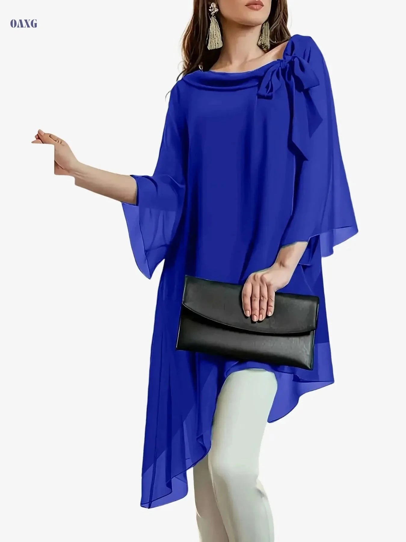 Elegant Long Blouse for Women - Double-Layer Chiffon, Cinched Waist   OAXG Dark Green / S