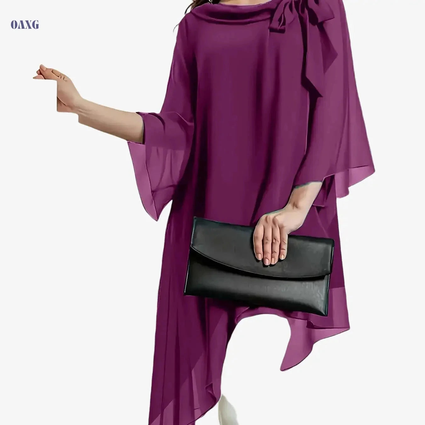 Elegant Long Blouse for Women - Double-Layer Chiffon, Cinched Waist   OAXG 
