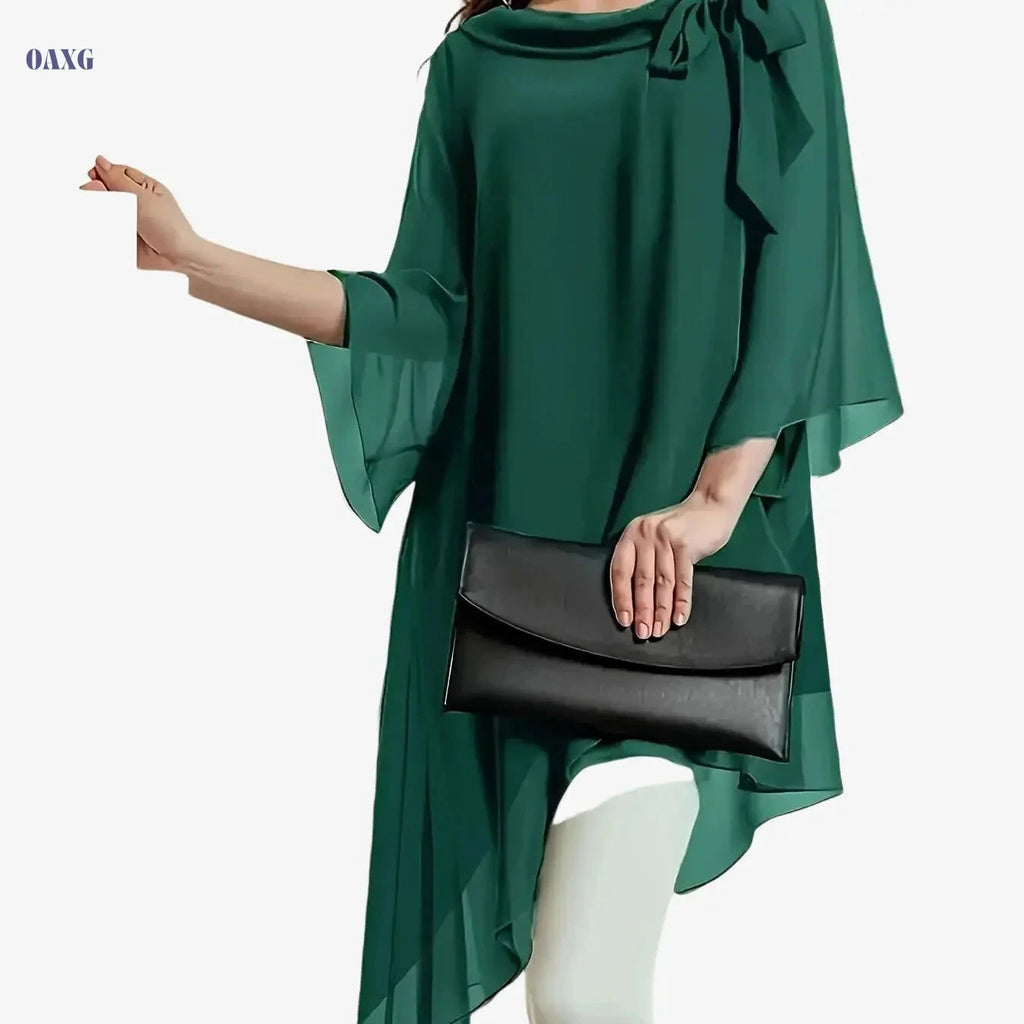 Elegant Long Blouse for Women - Double-Layer Chiffon, Cinched Waist   OAXG 