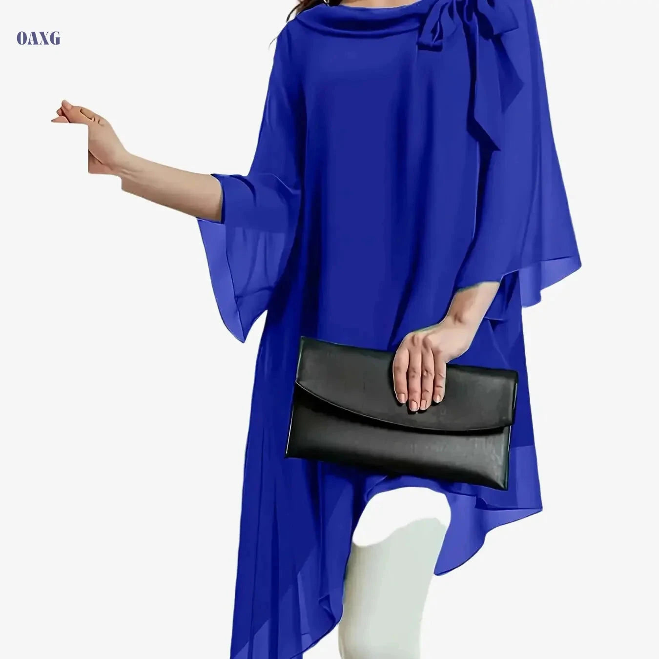 Elegant Long Blouse for Women - Double-Layer Chiffon, Cinched Waist   OAXG 