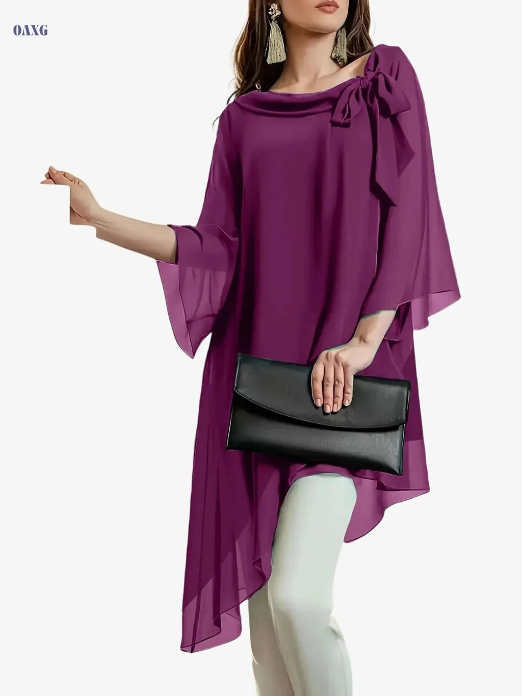 Elegant Long Blouse for Women - Double-Layer Chiffon, Cinched Waist   OAXG 