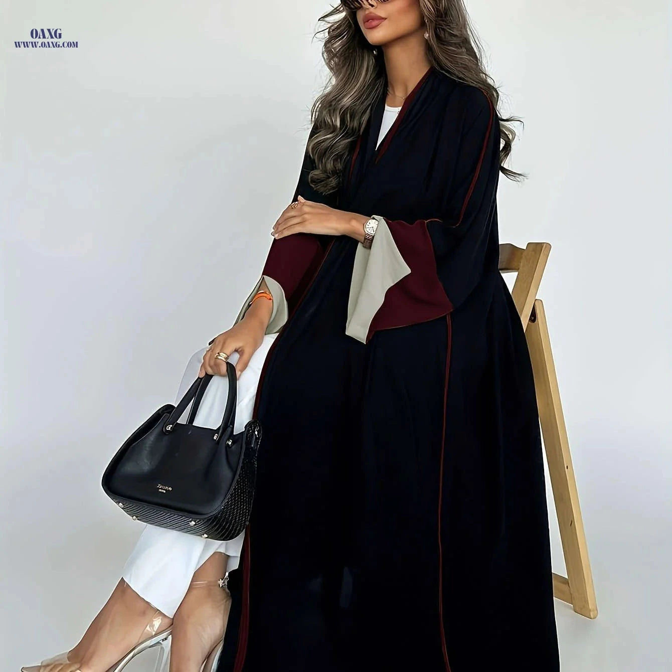 Elegant Long Cardigan Dress - Stylish Large Sleeves for Ramadan   OAXG Deep Red / S