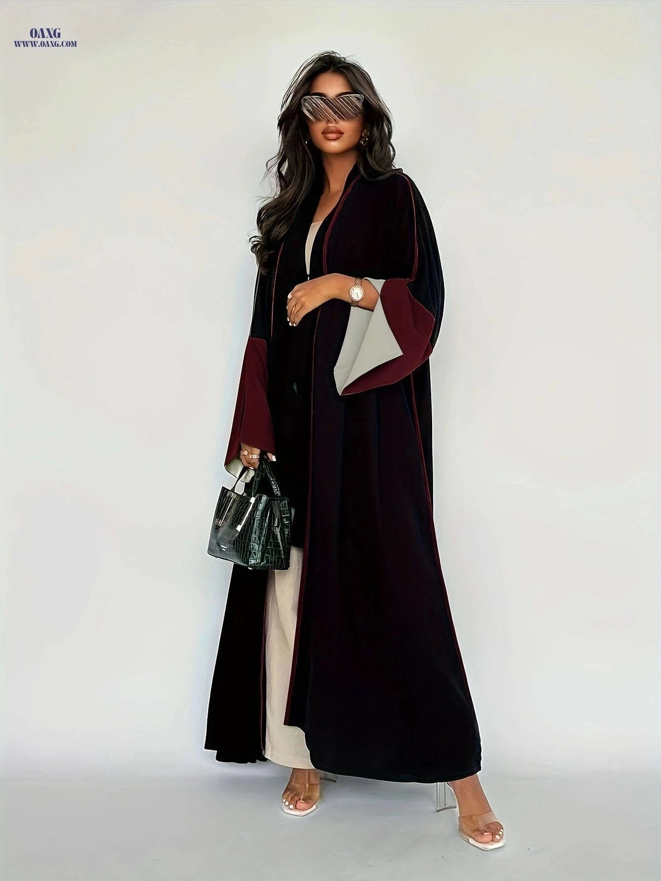 Elegant Long Cardigan Dress - Stylish Large Sleeves for Ramadan   OAXG Deep Red / S