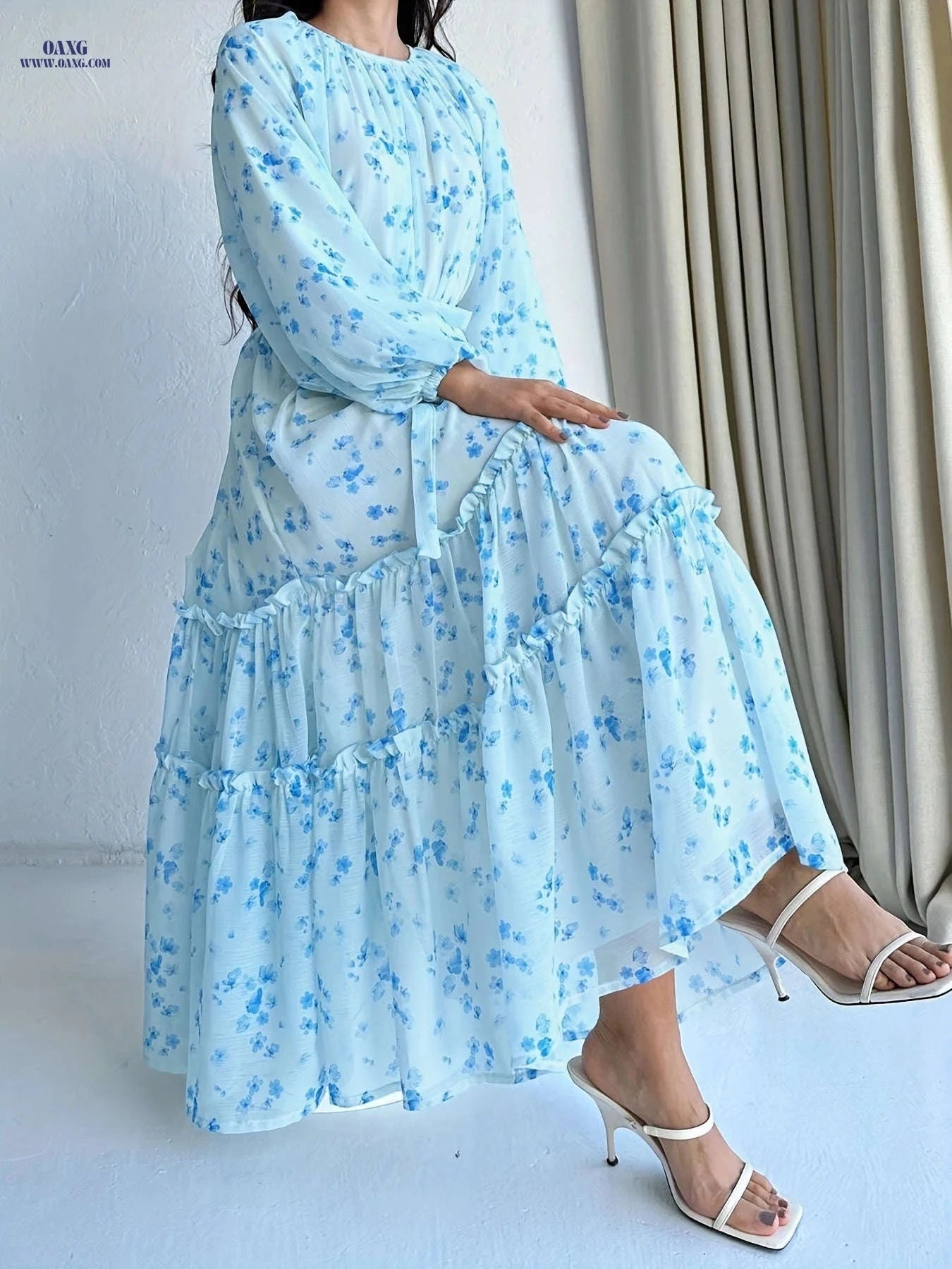 Elegant Long Dress with Middle Eastern Floral Print - Casual Style   OAXG 